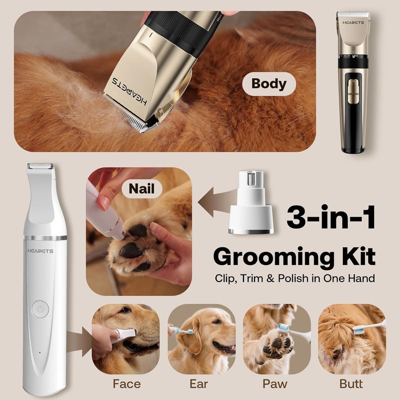 HEAPETS Dog Hair Clippers for Grooming Kit and Dog Paw Trimmer Nail Grinder for Grooming, Low Noise Rechargeable Cordless, Shaver Grooming Supplies for Pet Cats Dogs (Gold, White) - Image 2